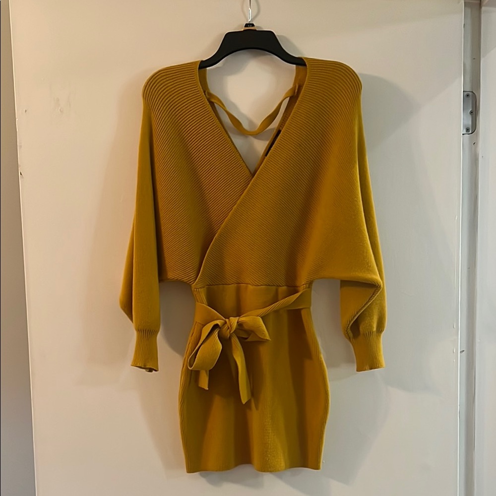 Elegant Mustard Wrap Mini Dress